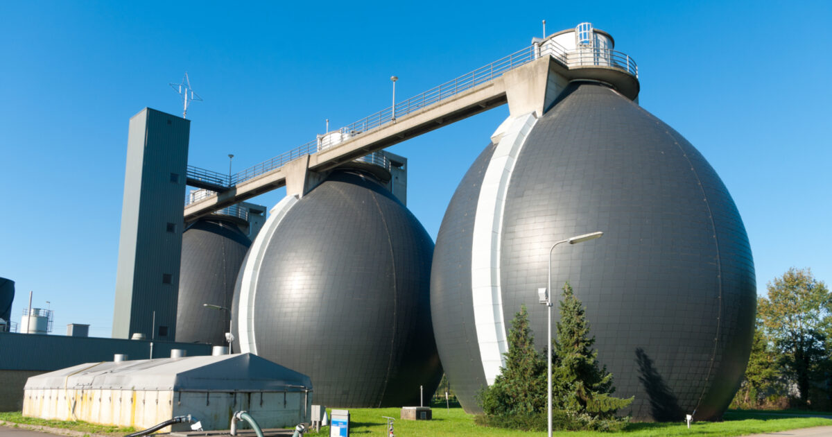 Egg-shaped anaerobic digesters at a treatment plant