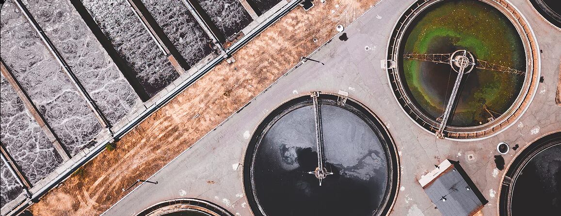 Aerial view of circular clarifiers