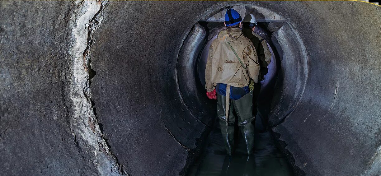 Inspector standing inside a large sewer pipe